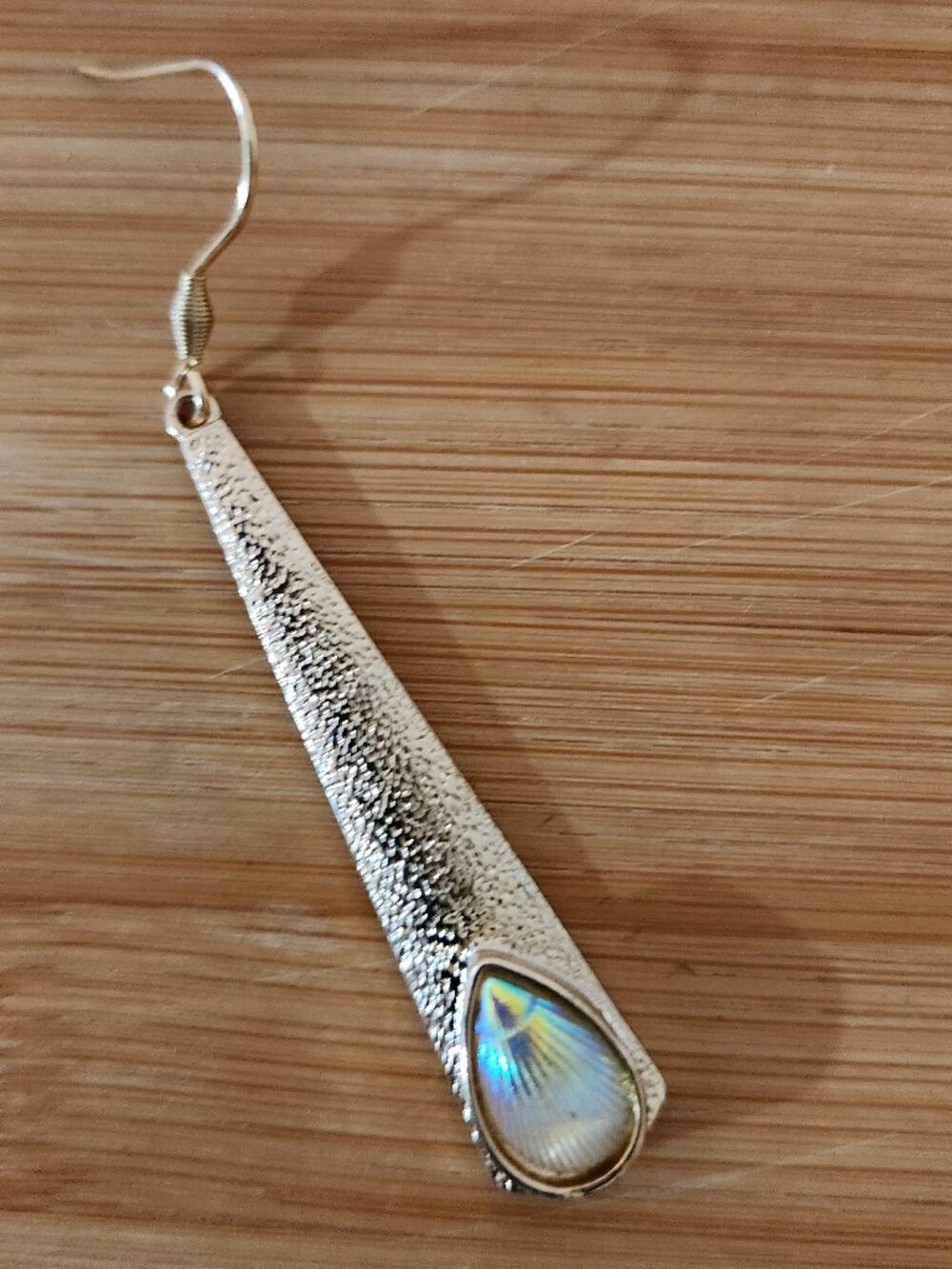 Hand Crafted Iridescent Gold Teardrop Long Dangle Earrings - Picture 2 of 5
